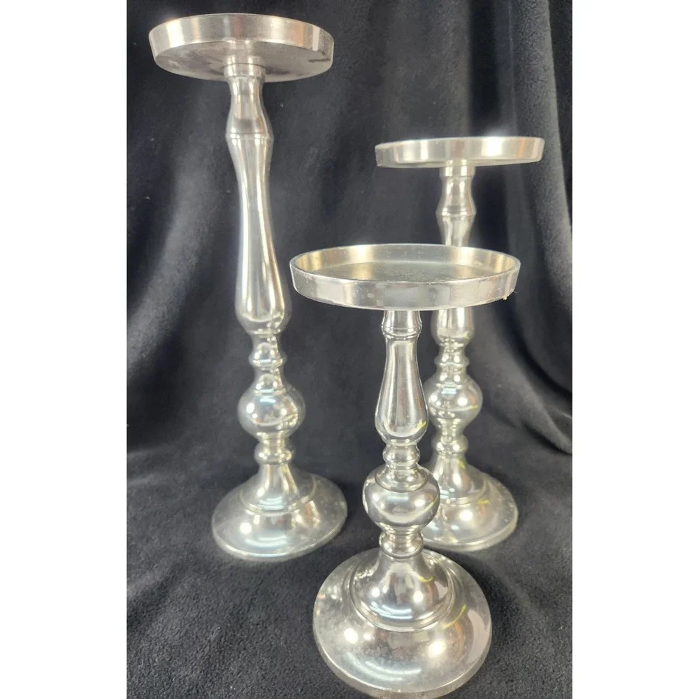 Three Tiered Pilar Candle Holders Set Silver Metal